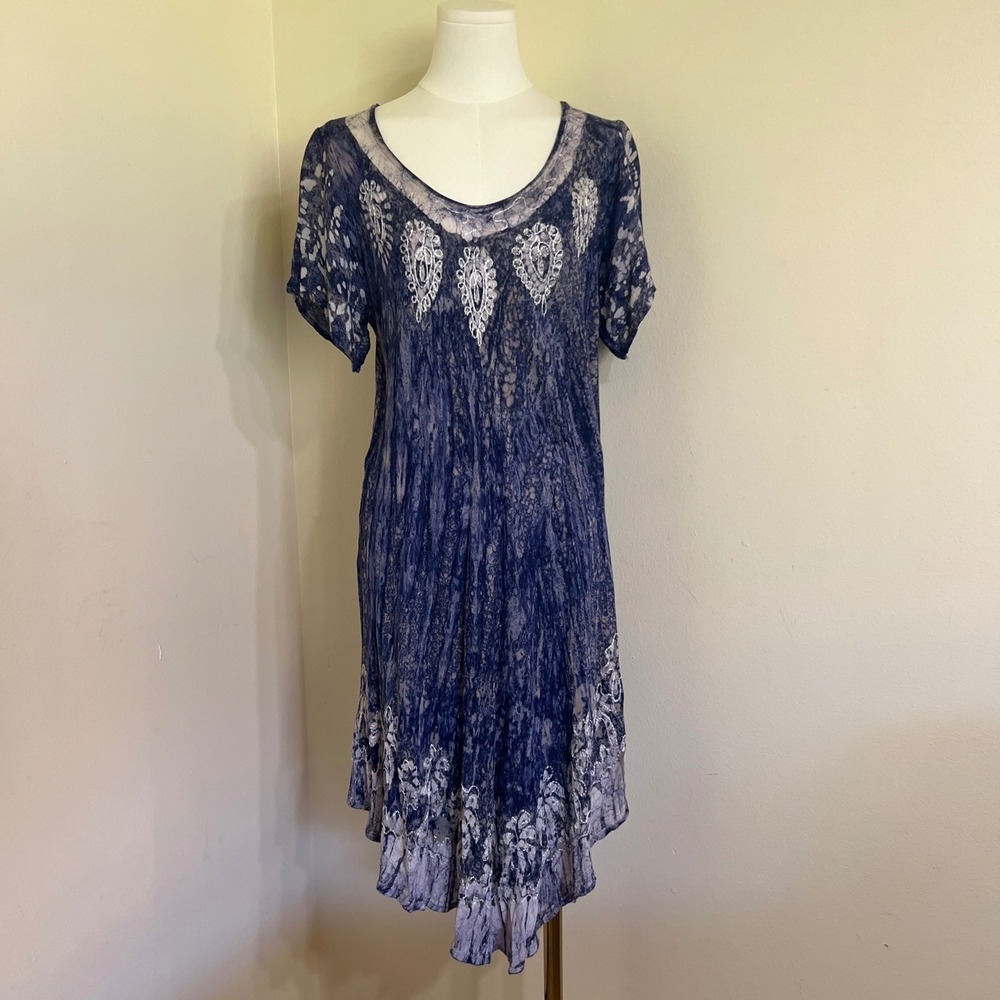 Ashley Taylor Blue Batik Acid Wash Embroidered Handkerchief Hem Dress OS